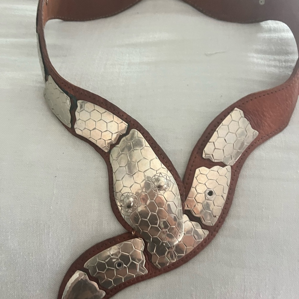Vintage Silver & Leather Snake Belt with Silver Hexagon etched Plates